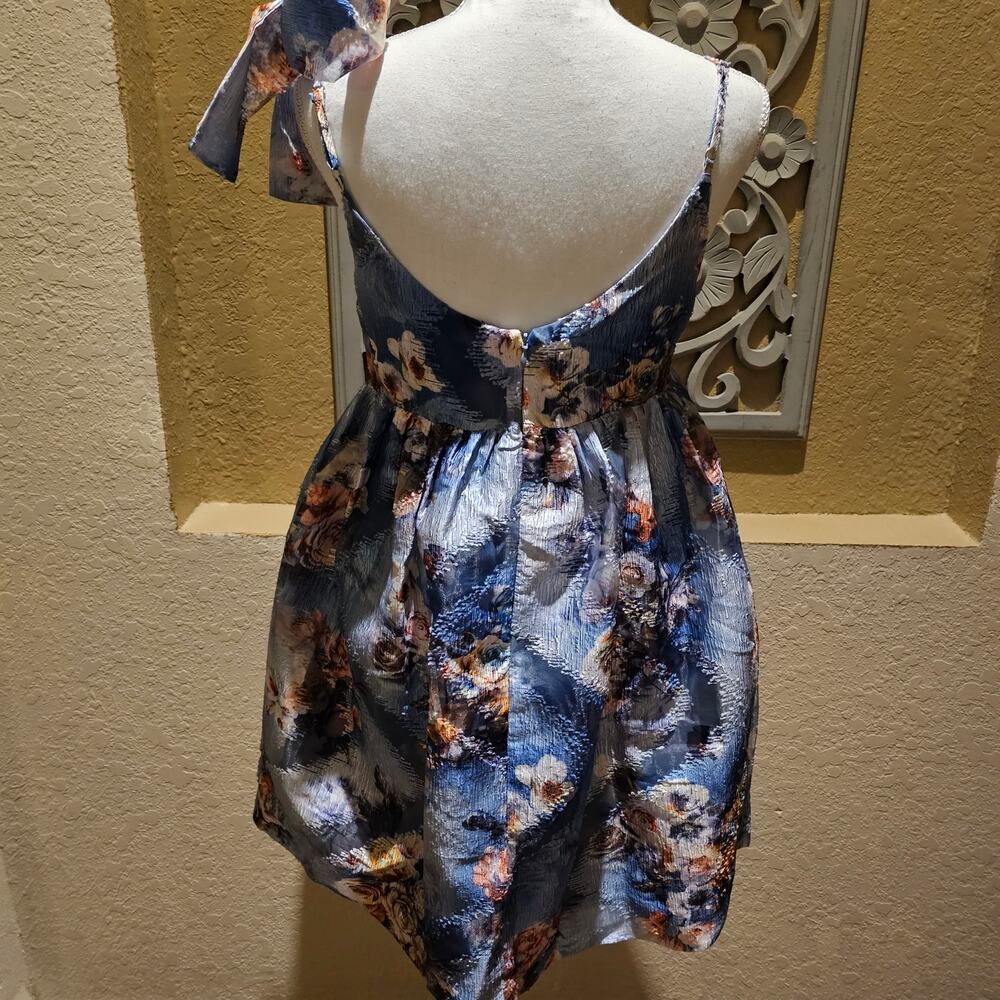 Storia Floral Jacquard Mini Dress S One Shoulder Bow Fit & Flare NWT Cottagecore - Picture 4 of 15